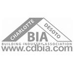 Logo for Charlotte Desoto Building Industry Association: gray house shape, BIA text, website address.