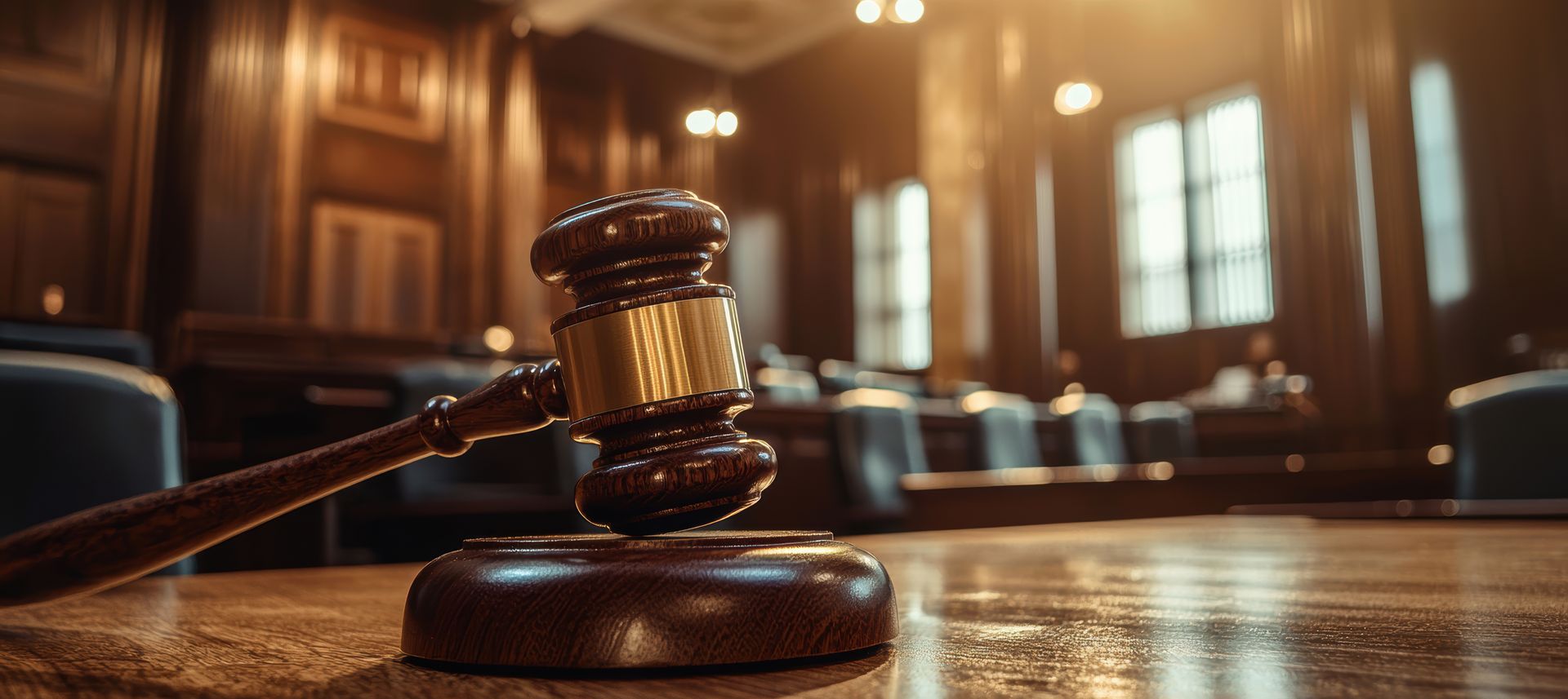 A gavel rests on a wooden table in a courtroom.