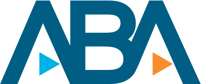 Logo for ABA, a blue block-letter abbreviation with a blue and orange triangle on either side.