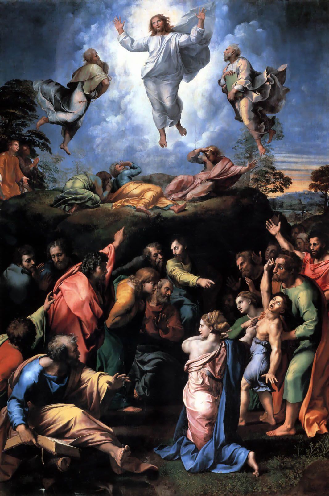 The Transfiguration Painting by Raphael Sanzio (1520). The lower half shows the remaining nine diciples trying unsuccessfully to heal a possessed young man.