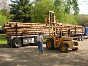 A forklift is loading logs onto a truck
