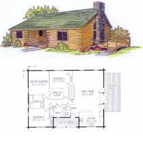 A log cabin with a green roof and a floor plan.