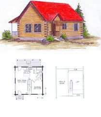 A drawing of a log cabin with a red roof and a floor plan.