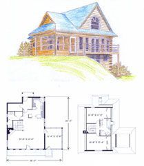 A drawing of a house with a blue roof and a floor plan.