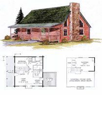 A drawing of a log cabin with a green roof and a floor plan.