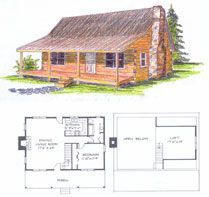 A drawing of a log cabin with a porch and floor plans.