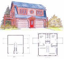 A drawing of a house with two garages and a floor plan.