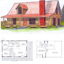 A drawing of a log cabin with a porch and floor plans.