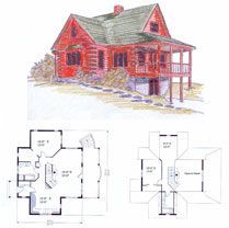 A drawing of a log cabin and a floor plan.