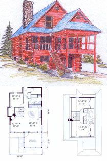 A floor plan of a log cabin with a blue roof