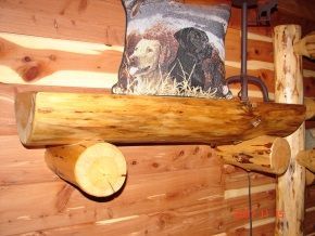 A pillow with two dogs on it is hanging on a wooden shelf.