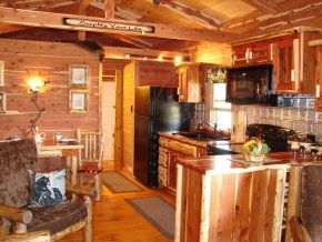 A living room and kitchen in a log cabin.