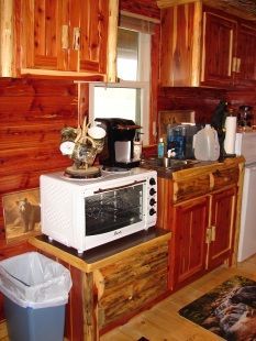 A kitchen with wooden cabinets and a microwave oven