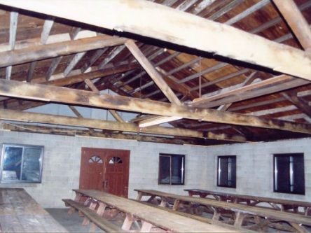 A room with a lot of wooden tables and benches