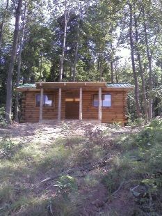 A small log cabin in the middle of a forest