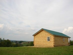A small log cabin with a green roof is in the middle of a grassy field.