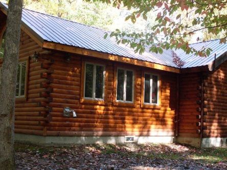 A log cabin with a metal roof and windows