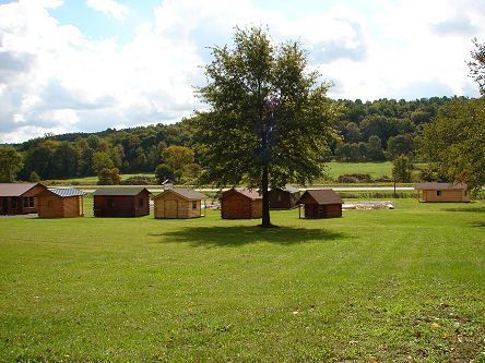 A row of sheds in a grassy field with a tree in the middle