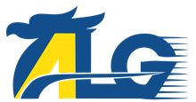 Logo con testa di uccello blu e scritta 