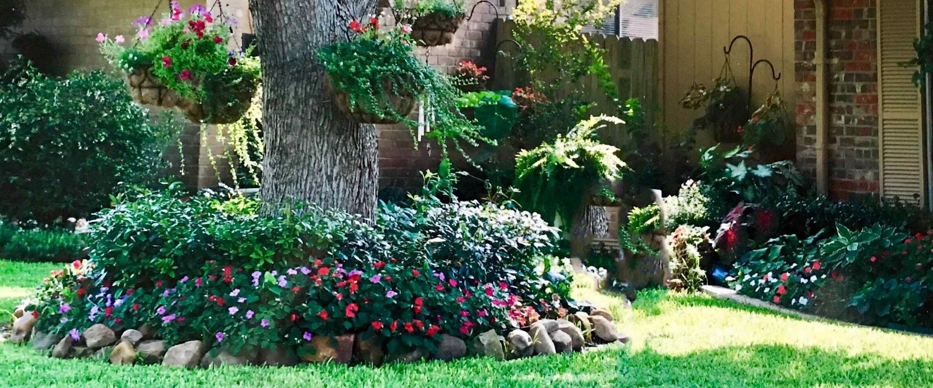 Landscaped Front Yard With Flower Bed Around Tree