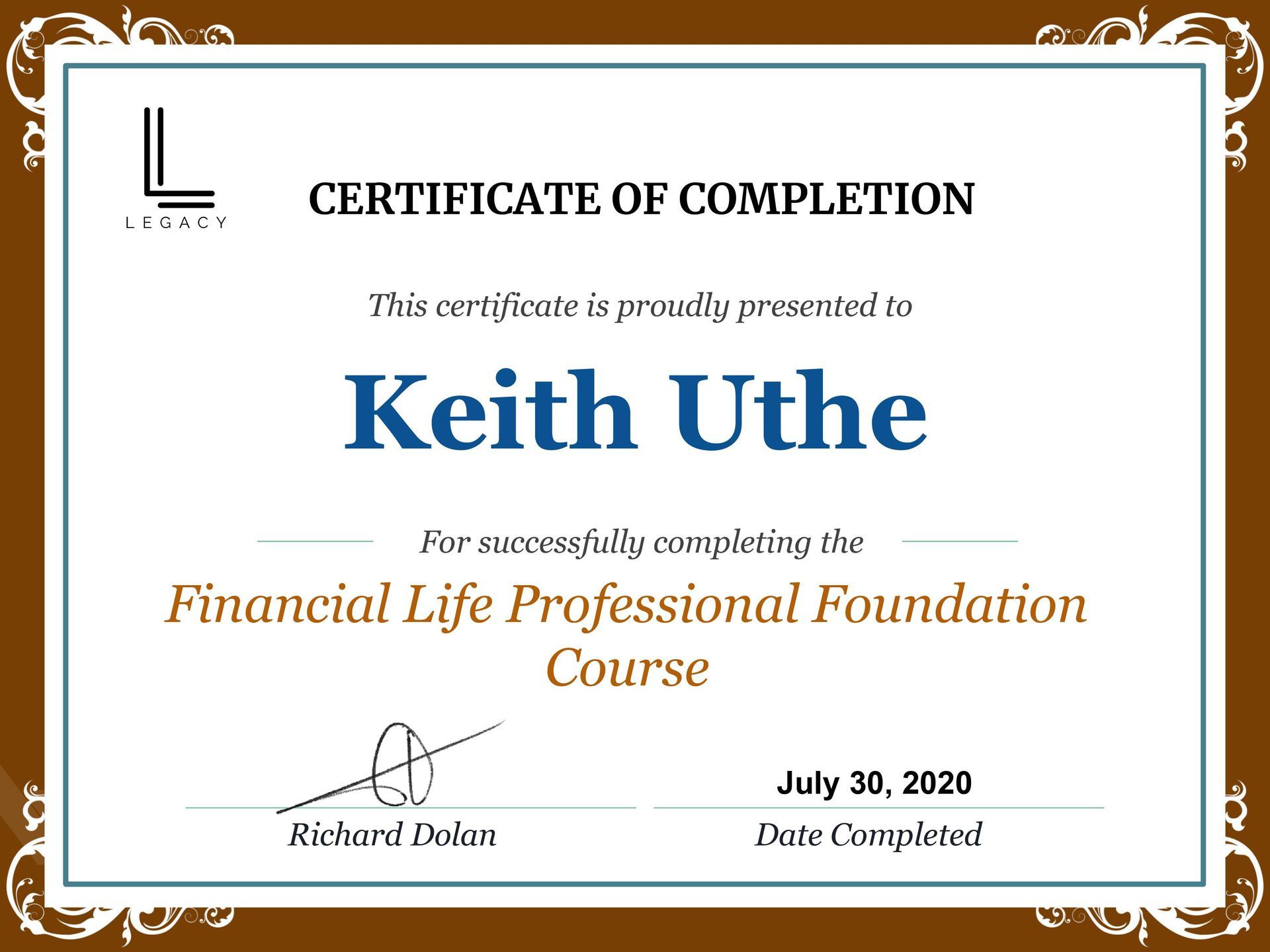 Keith Uthe Legacy Certificate of Completion