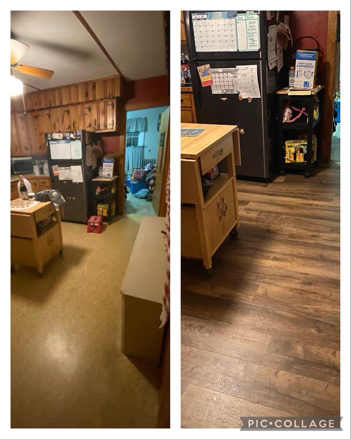 Two pictures of a kitchen before and after new flooring