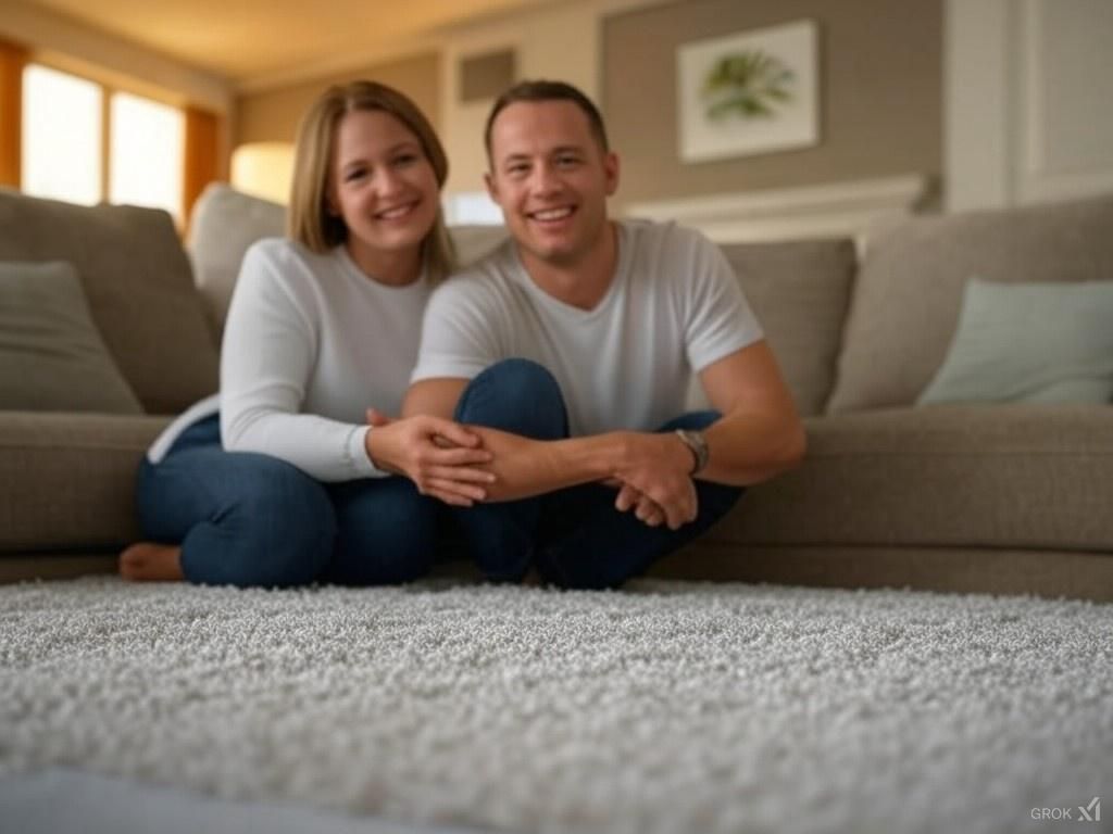 A man and a woman are sitting on the floor in front of a couch.