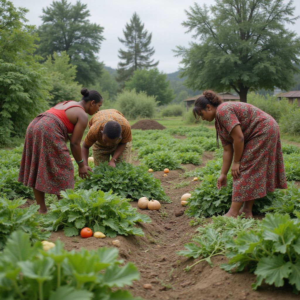 Three women harvest vegetables in a garden. Green plants, butternut squash, tomatoes, and brown soil.