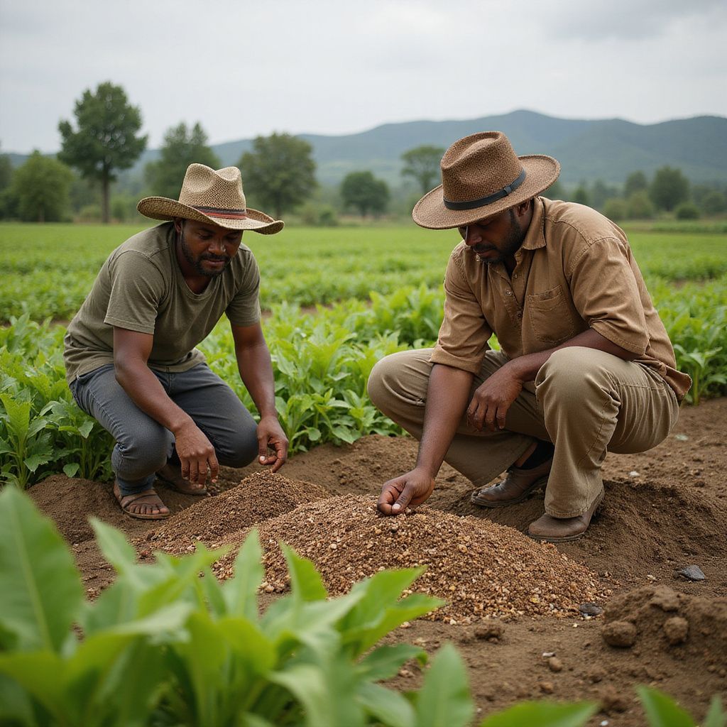 Two farmers planting seeds in a field, wearing hats. Mountains and trees in background.