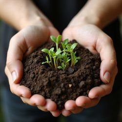 Hands holding soil with sprouting green plants.