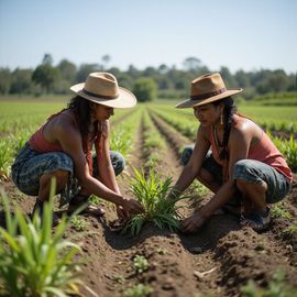 Two women planting crops in a field, wearing straw hats, on a sunny day.