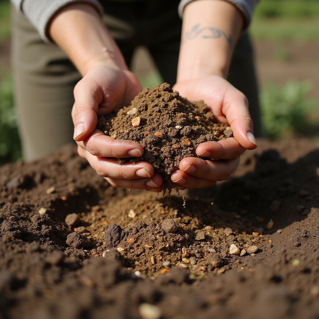 Person holding a handful of brown soil, with a field in the background.