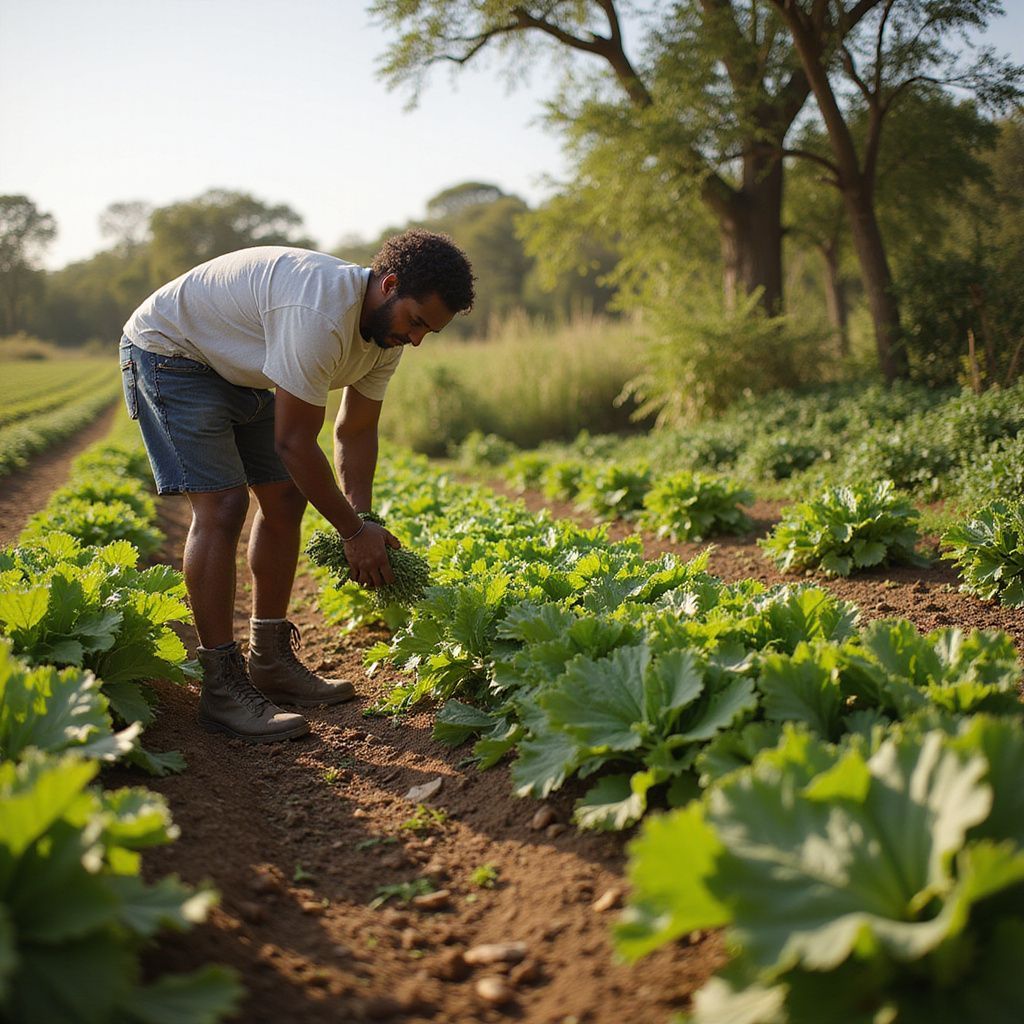 Man harvesting leafy greens in a field of crops. Green plants, brown soil, sunny day.