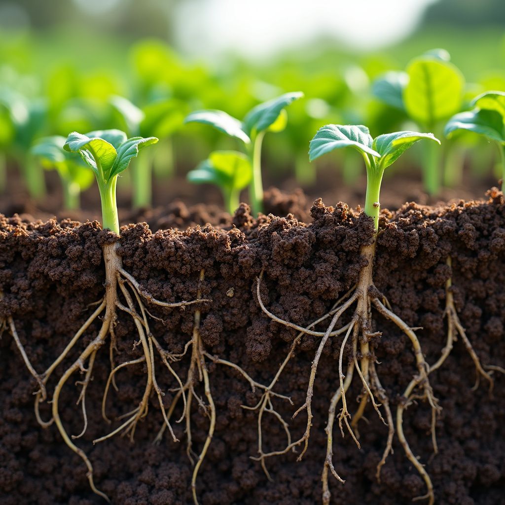 Young plants with visible roots in dark soil, green leaves, sunlight.