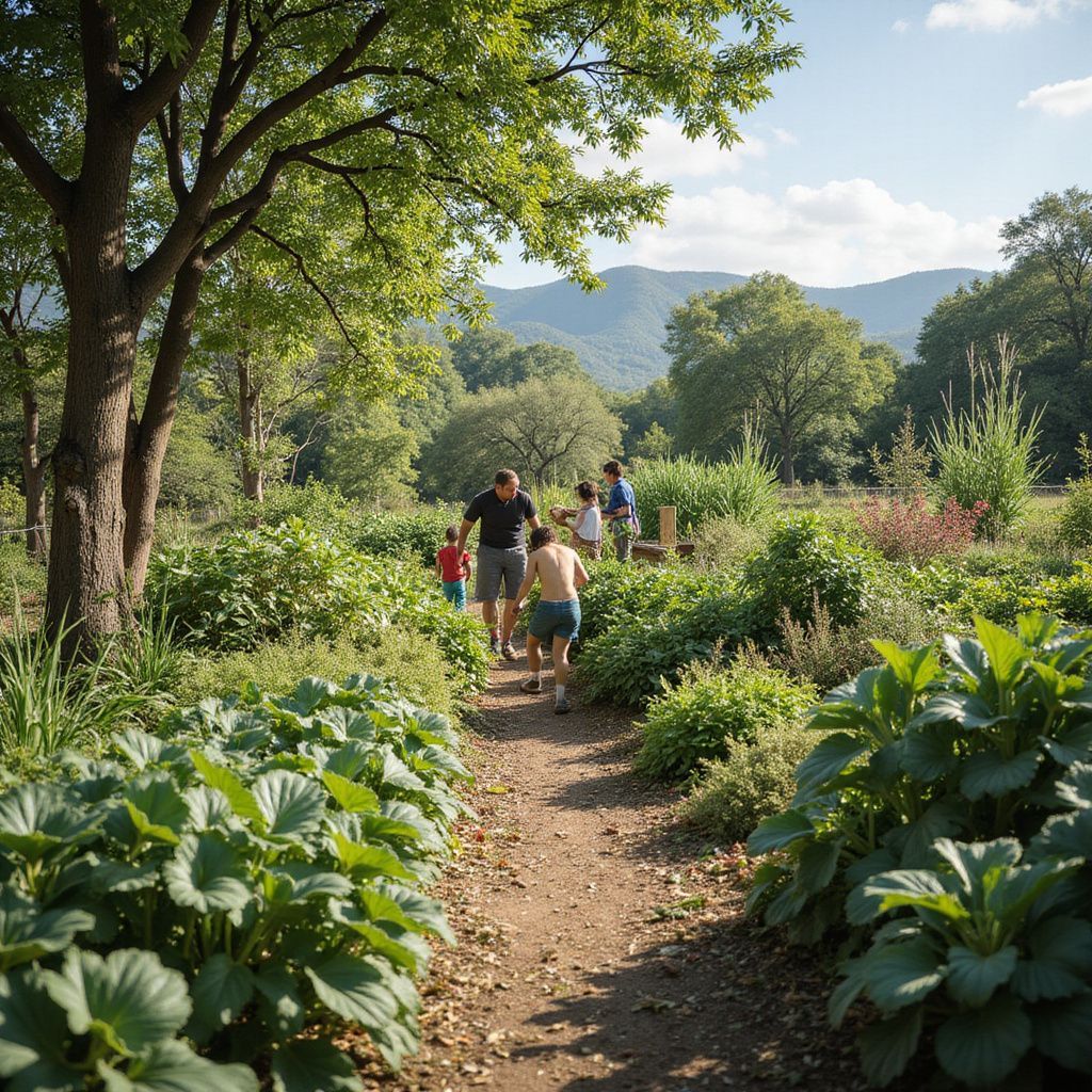 Family walking down a dirt path in a sunny garden with mountain views.