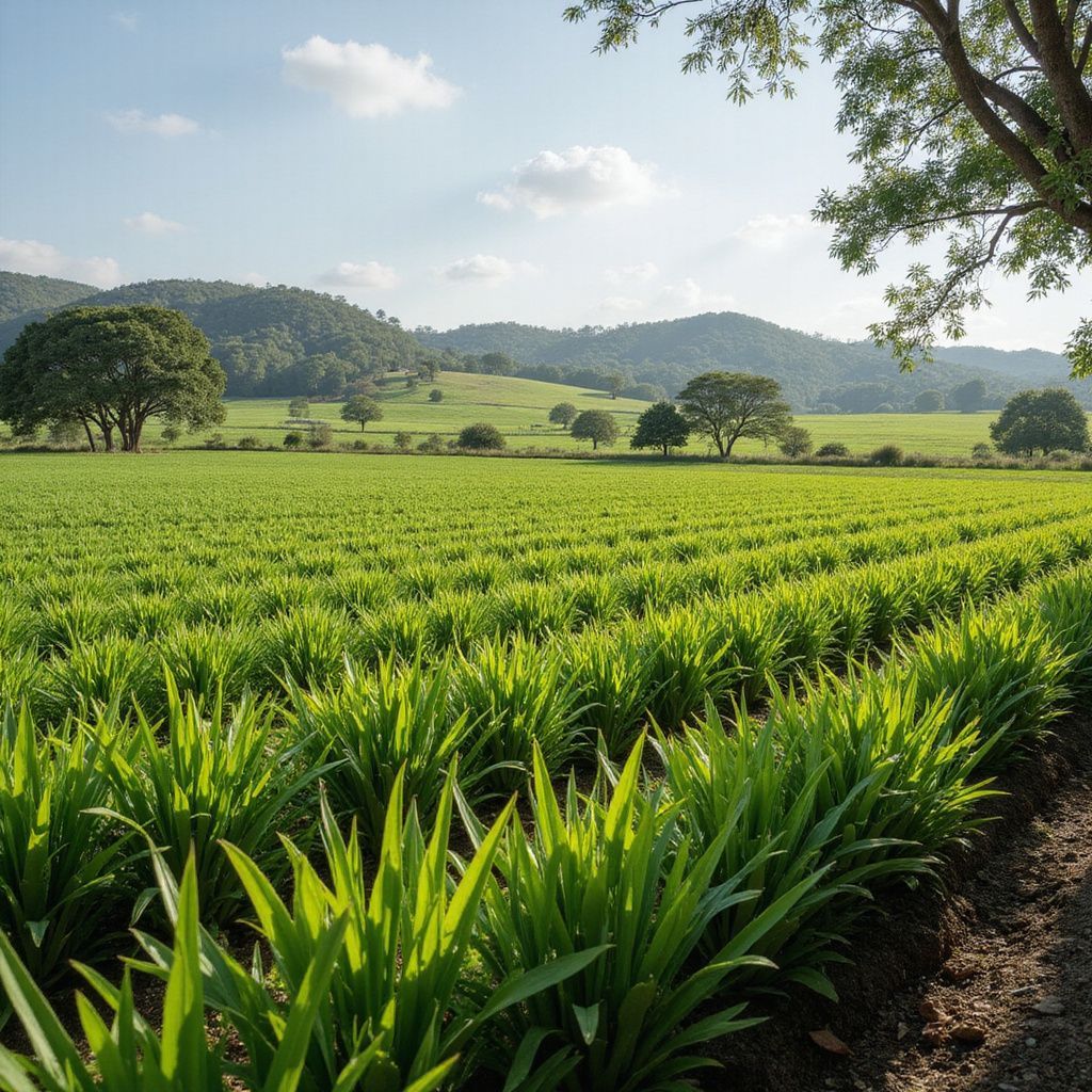 Green field of crops with trees, mountains in the background under a blue sky.