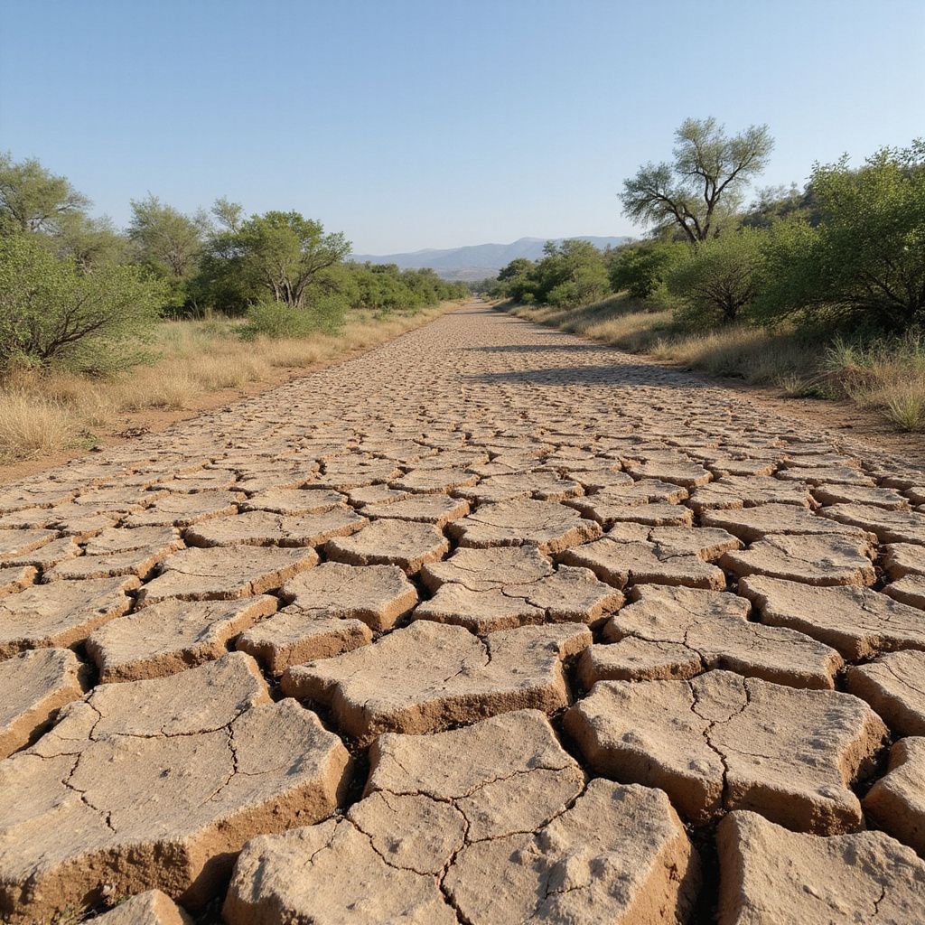 Cracked, dry earth of a riverbed, with sparse vegetation and trees under a blue sky.