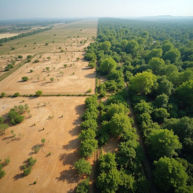 A stark contrast: Deforested land next to a lush green forest. Aerial view.