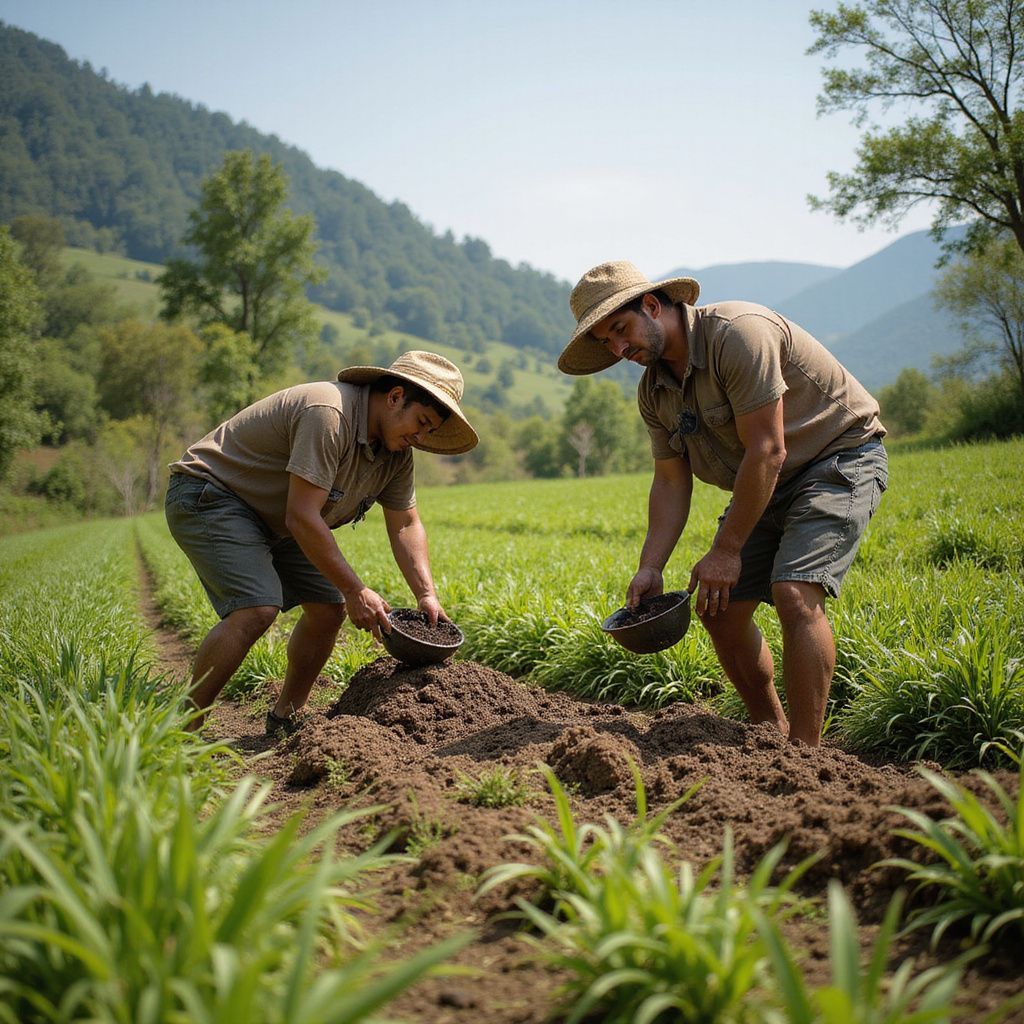 Two men in hats planting seeds in a field. Mountains and trees in the background.
