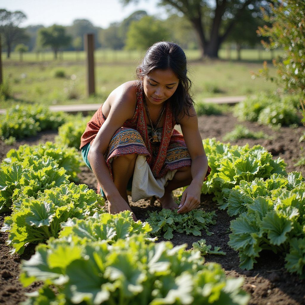 Woman tending lettuce in garden, wearing colorful top, outdoors.