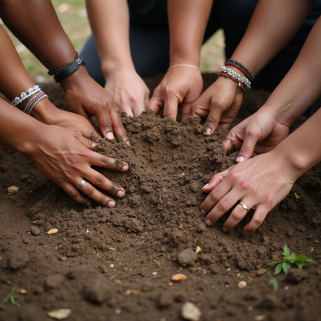 Hands of various skin tones planting in soil.