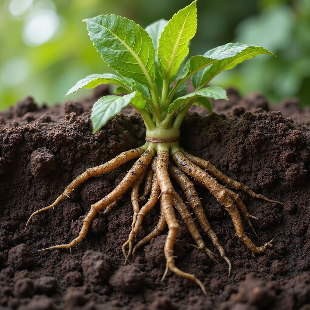 A young plant with visible roots in dark soil.