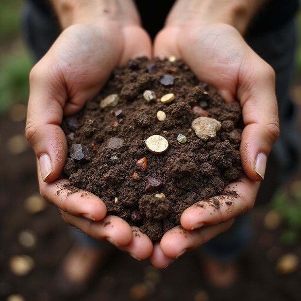 Hands cupping rich, dark soil with pebbles, likely for gardening or agriculture.