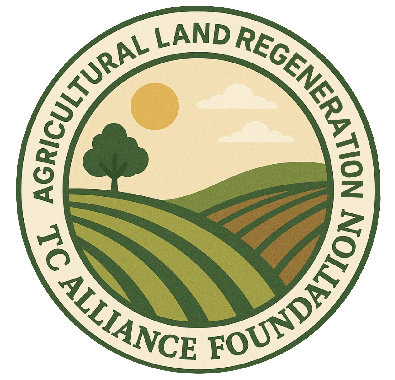 Logo: Green and tan fields, sun, tree. 