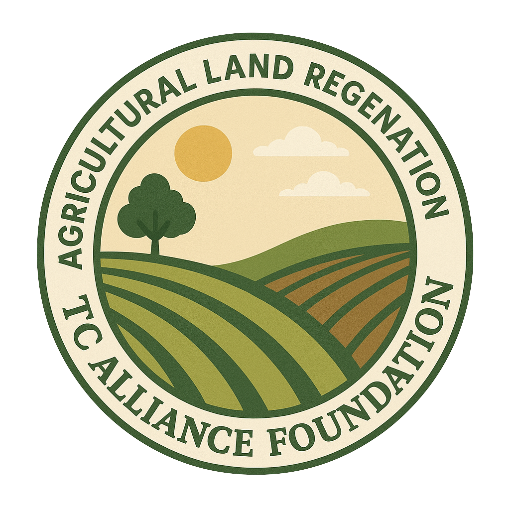 Logo: Green and tan fields, sun, tree. 