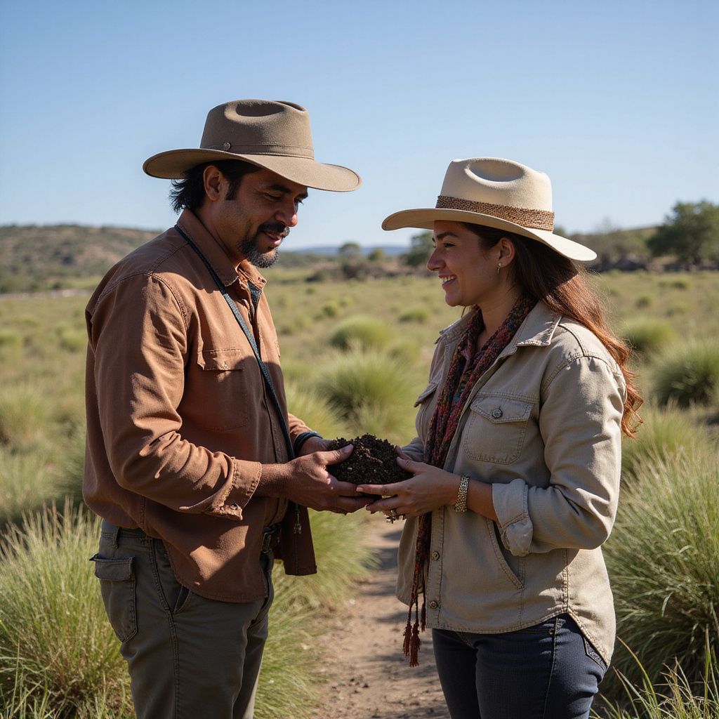 Two people in hats holding soil outdoors, smiling, in a field.