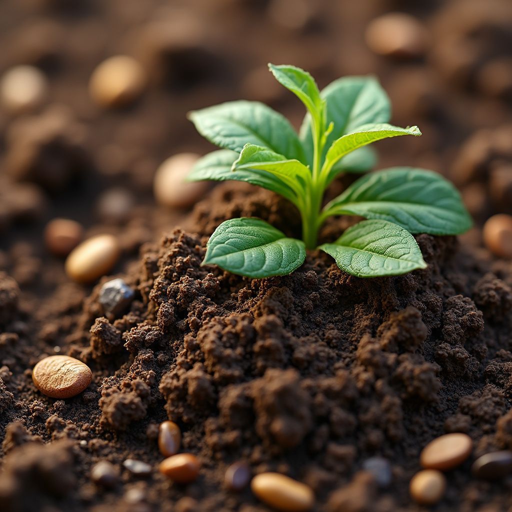 A small green plant growing out of rich brown soil with scattered pebbles.