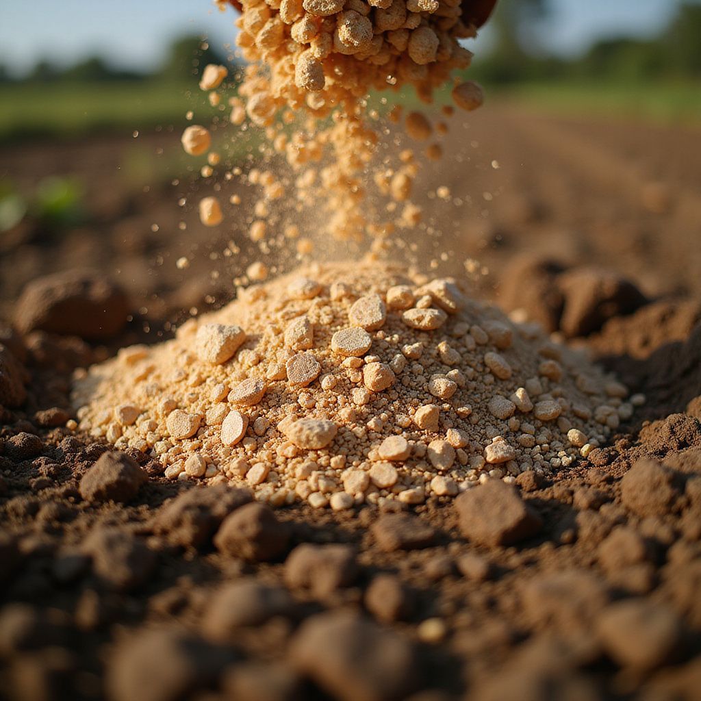 Brown granules pouring onto dark soil in a field.