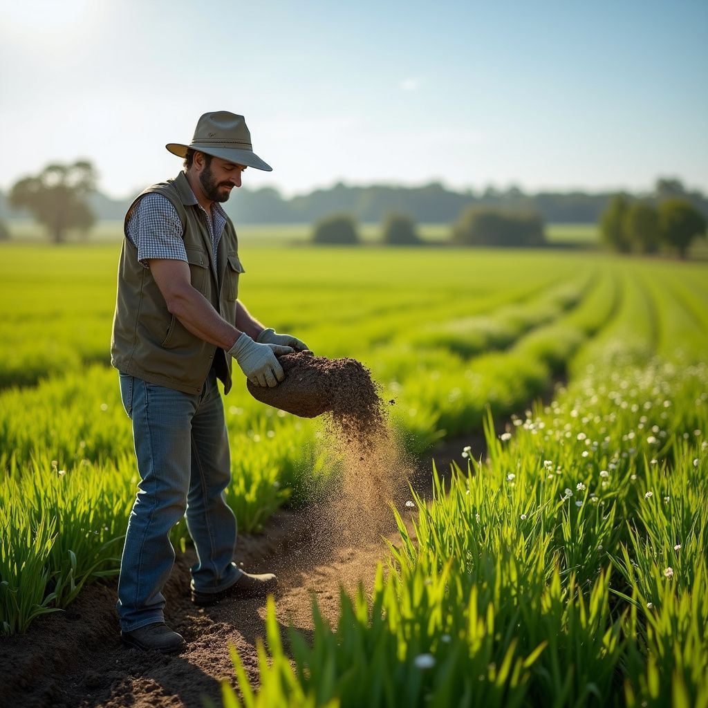 Farmer wearing hat, spreading soil in a green field.
