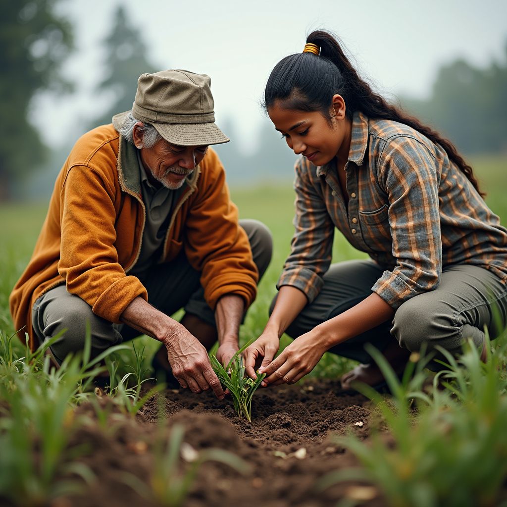 An older man and younger woman planting seedlings in a field. They are kneeling, touching the soil, and looking at the plants.